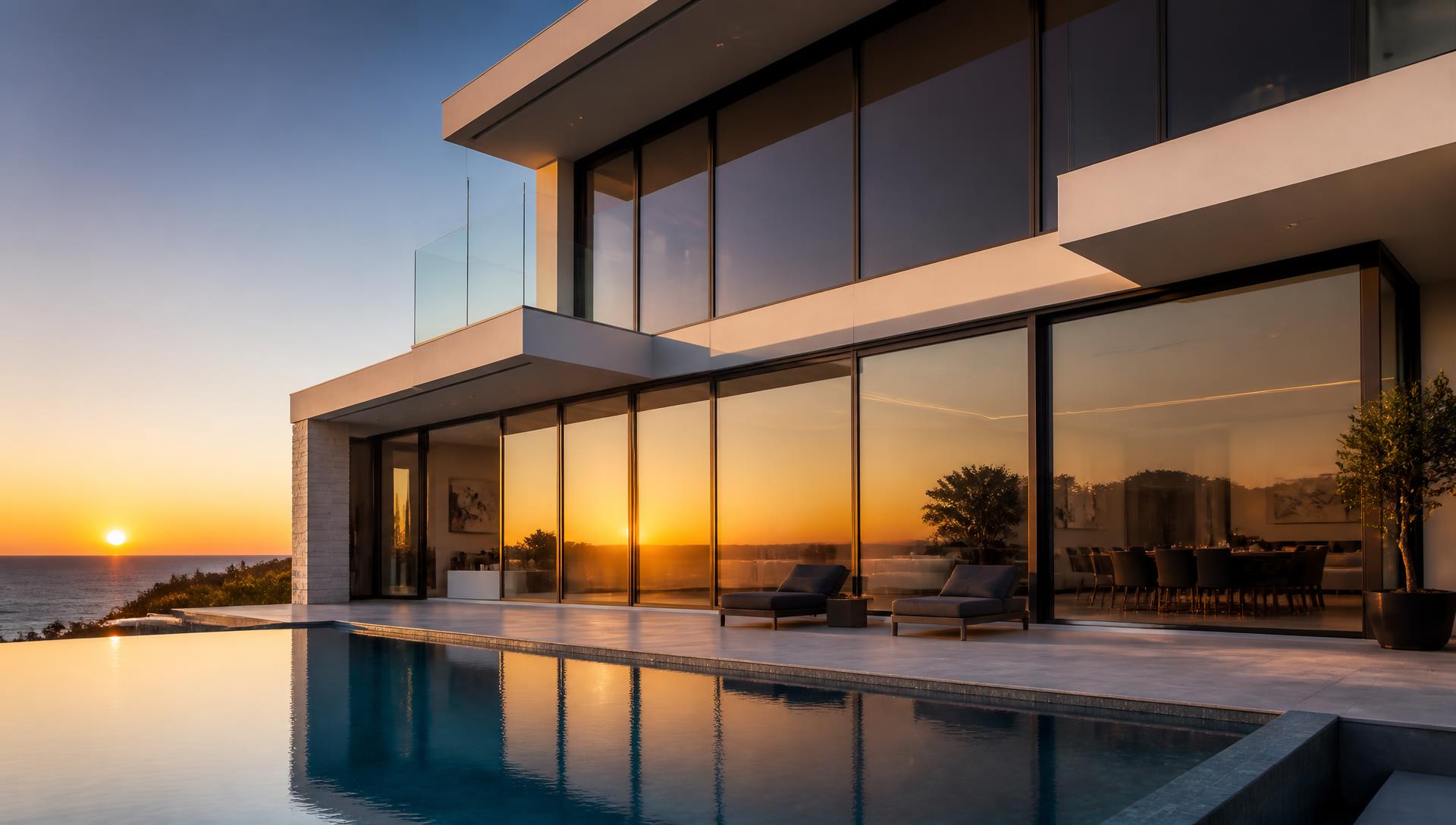 Villa moderne avec vitres teintées au coucher du soleil